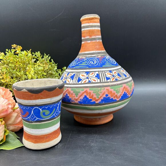 Vintage Hand Painted Mexican Unglazed Pottery Water Jug - Picture 1 of 7